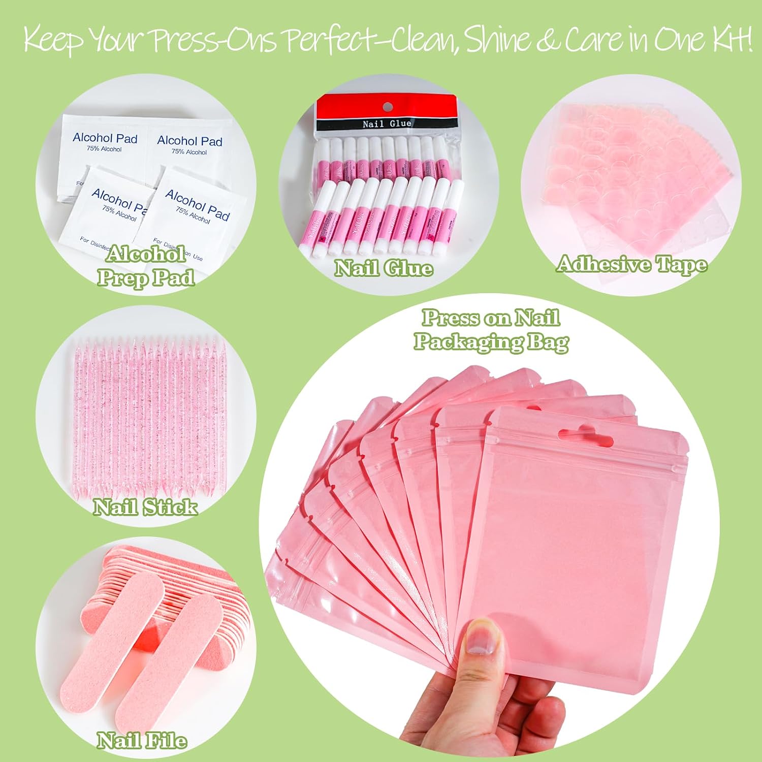 Press On Nail Tool Kit with Everything, Bebbtiy Nail Prep Tool Disposable Manicure Kit with Nail File, Nail Glue, Prep Pads, Adhesive Nail Tabs,Wood Stick, Packaging Bag (20pcs-pink)