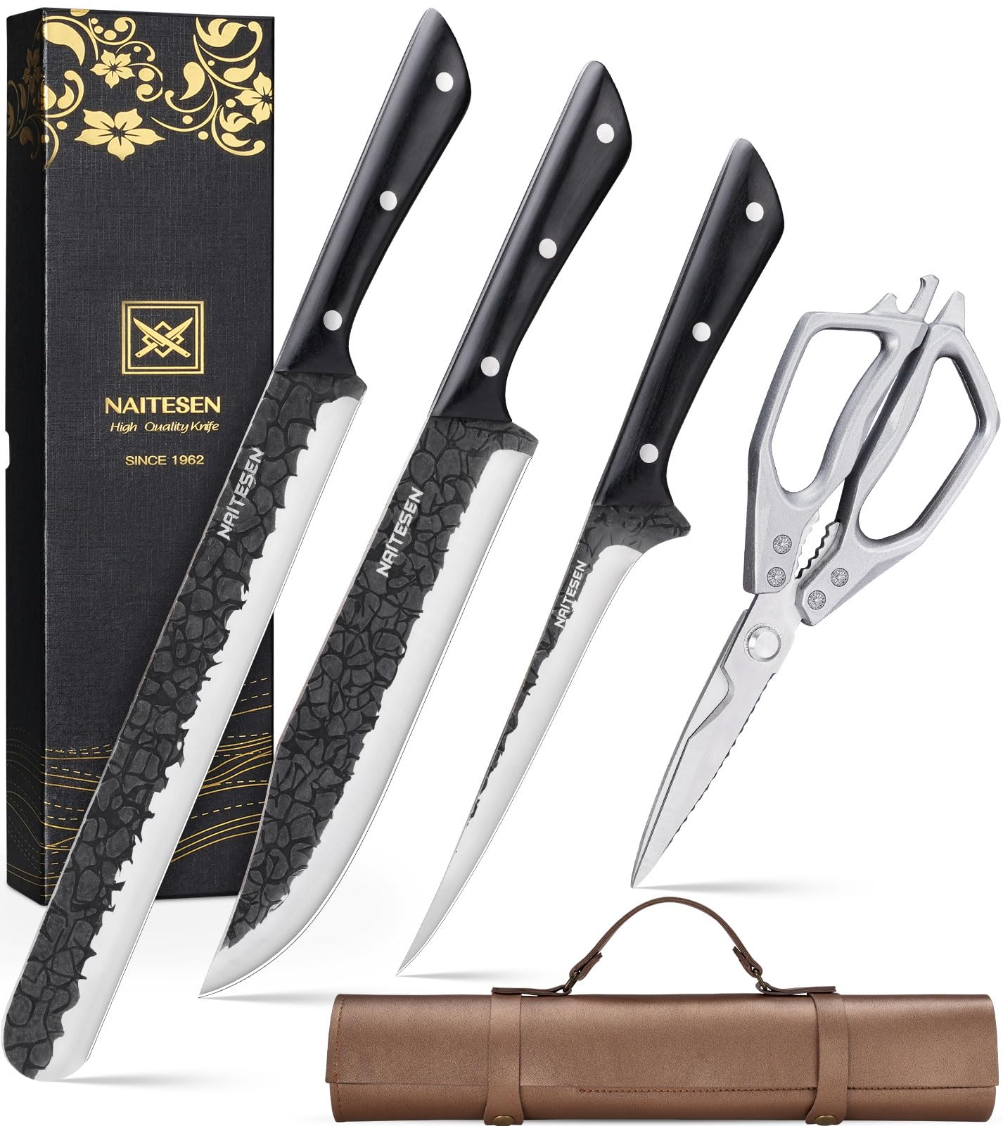 Naitesen 4PCS BBQ Brisket Knife Set With Roll Bag, Forged Butcher Knife Set