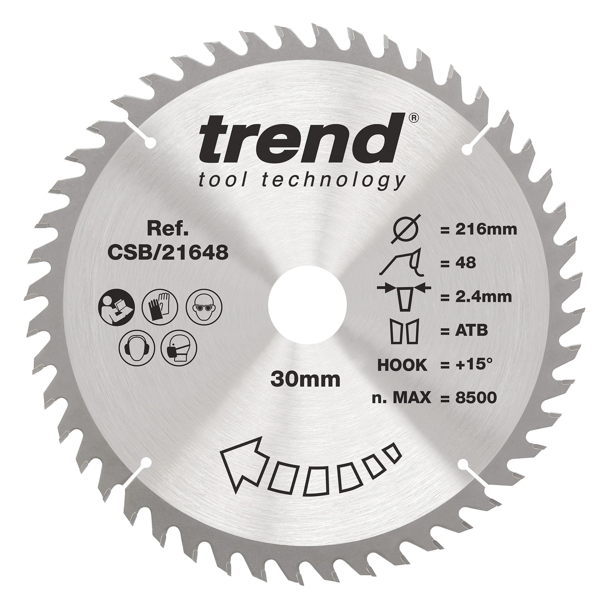 Trend Wood Circular Saw Blade, 216mm Diameter, 30mm Bore, 48 Teeth, 2.4mm Kerf, +15° Hook, TCT, Fine Finish, CSB/21648