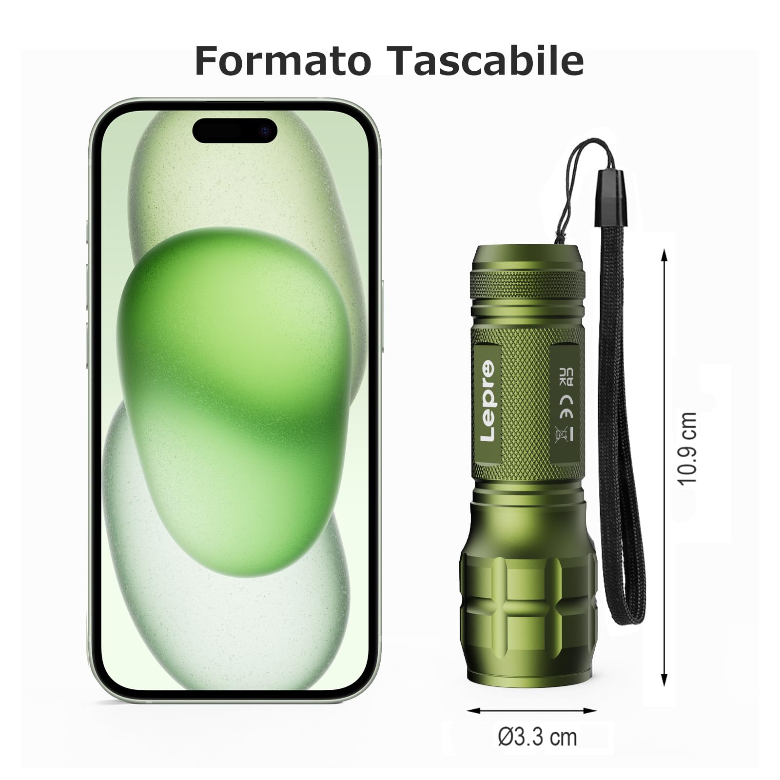 LE Torcia LED Potente Professionale LE1000,Torcia Scout da Impermeabile IPX4 da Pila LED,Torcia Tattica Militare Zoomabile,Adatta per Campeggio Emergenza Bambini,Verde 2 Pezzi (6 Batterie AAA Incluse)