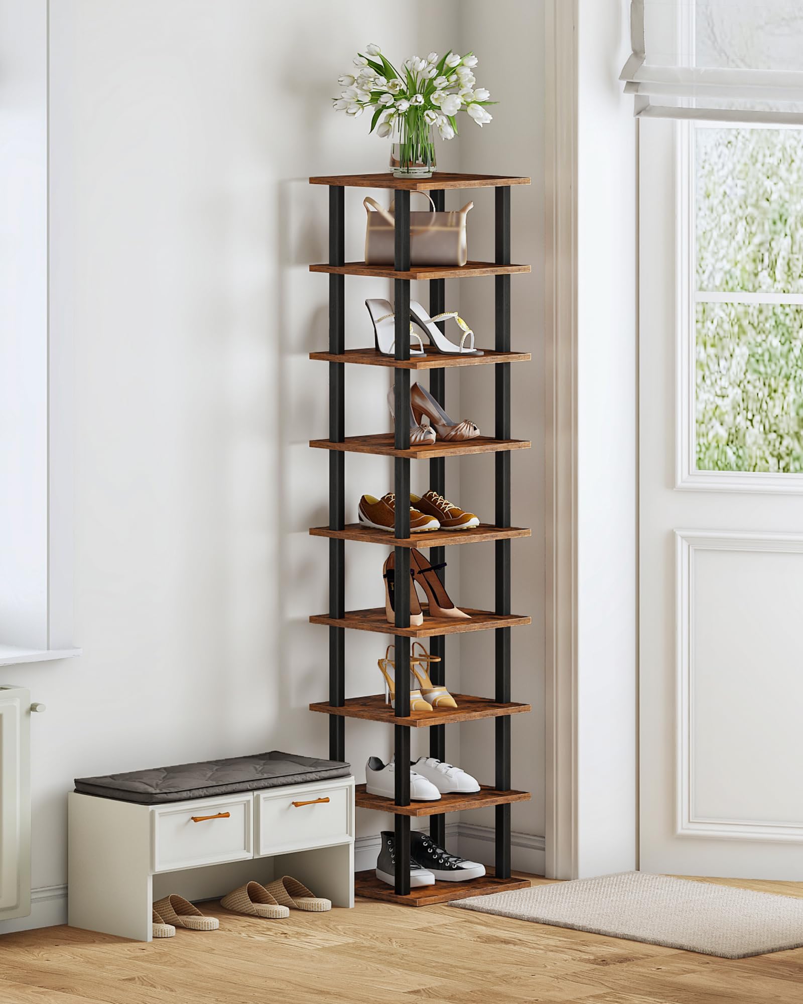 CHOEZON Schmales Schuhregal mit 9 Ebenen, Vertikale Schuhablage, DIY-Schuhregal im Industriestil, Schuhaufbewahrung, für kleine Räume und Flure, Vintagebraun und Schwarz DMXJ01BF