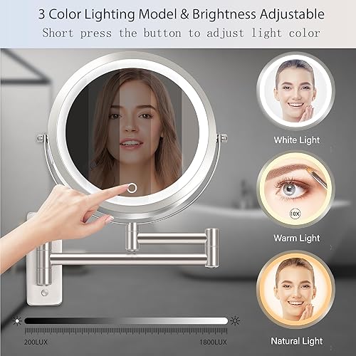 Miniatura 4 de VESAUR Espejo de maquillaje recargable de 9 pulgadas, espejo de tocador de aumento de doble cara 1X10X con 3 colores, brillo ajustable, espejo de