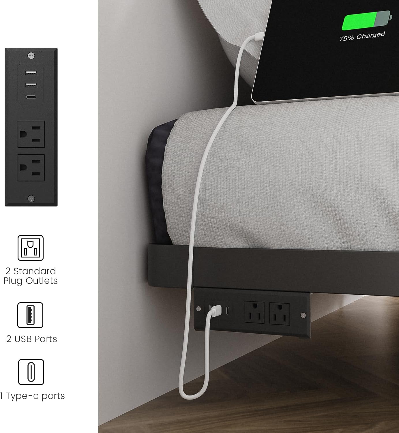 OLEVS Full Floating Bed Frame with Charging Station & Led Light, Platform Bed Floating Design Easy Assembly No Box Spring Needed