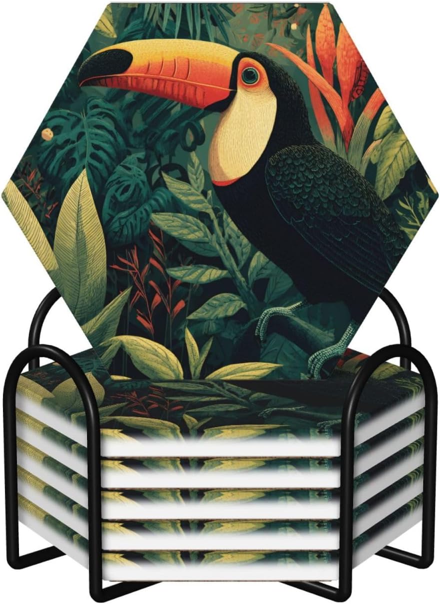 (Toucan inhabits) Ceramic Coasters Set of 6 with Holder Non-Slip Hexagon Coffee Coasters for for Cup Mug Drink Patio Coffee Table Decor, Christmas Coasters Home Bar Supplies