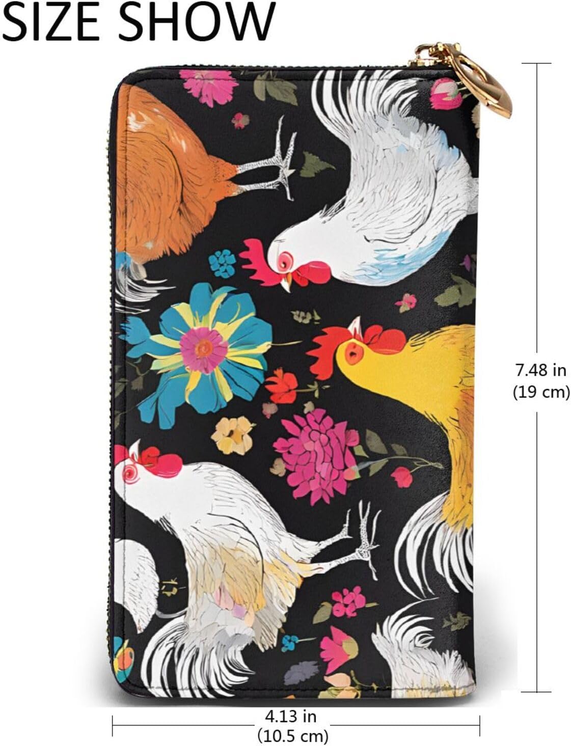 Leather Long Hand-Held Cute Rooster Chickens Wallet, Men'S And Women'S Wallets, With Hidden Compartments, Passbook Slot, Id Slot.