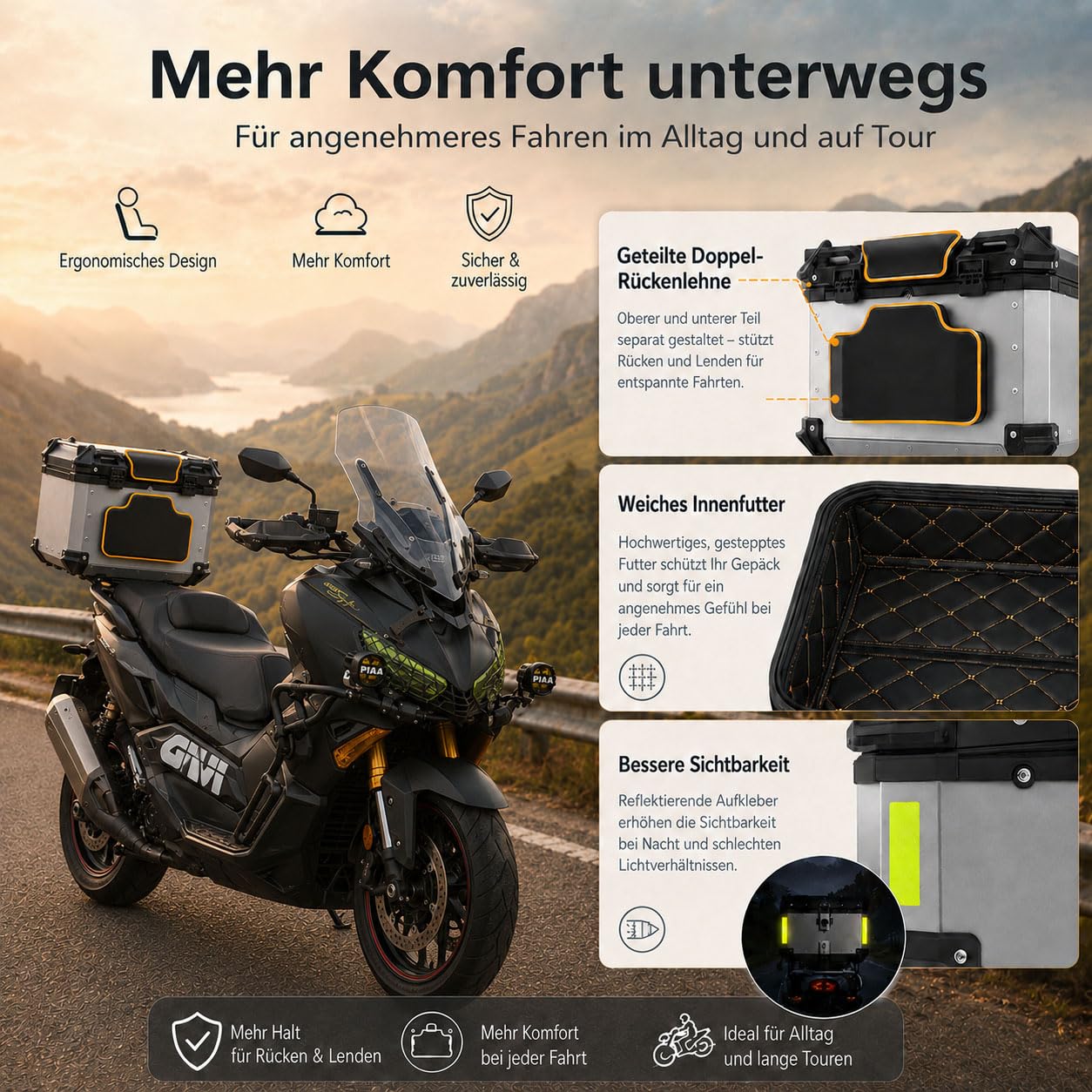 Baúl Moto y Scooter de Aluminio, Top Case Moto con Cerradura, Respaldo, Forro Interior y Base de Liberación Rápida, Maleta Trasera Resistente al Agua para Casco,Plata,45L