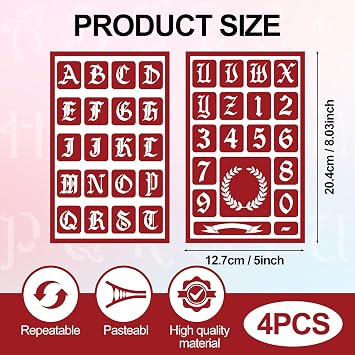 ForraFun 4 Pcs Capital Alphabet Glass Etching Stencils, Self-Stick Old English Letter Templates for Wood Burning & Engraving, Reusable Monogram Stencils with Numbers for DIY Crafts