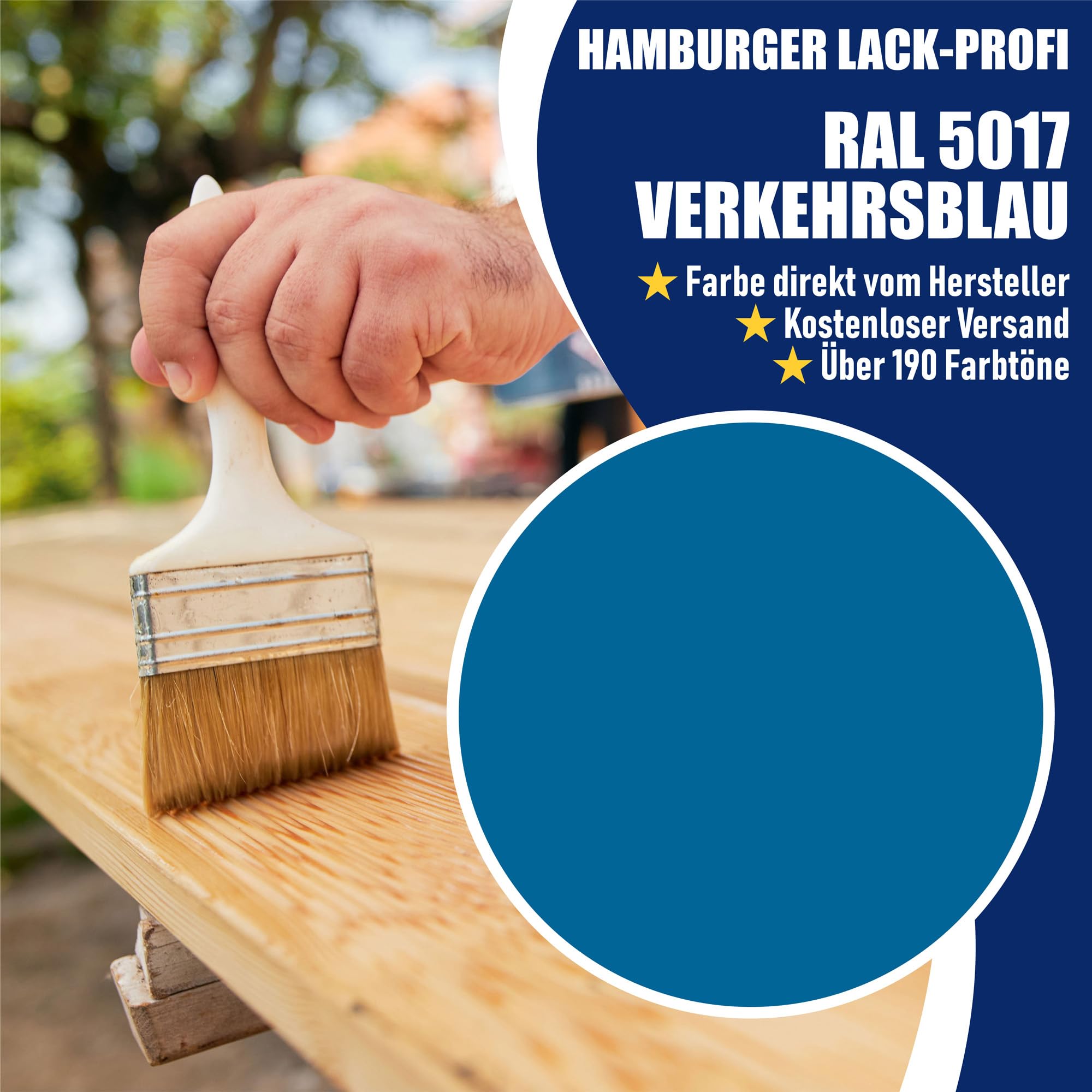 Hamburger Lack-Profi 1L - 2in1 Alkyd Buntlack glänzend für Außen in RAL - Wetterfester Lack und Grundierung für Holz & Metall (RAL 5017 Verkehrsblau)
