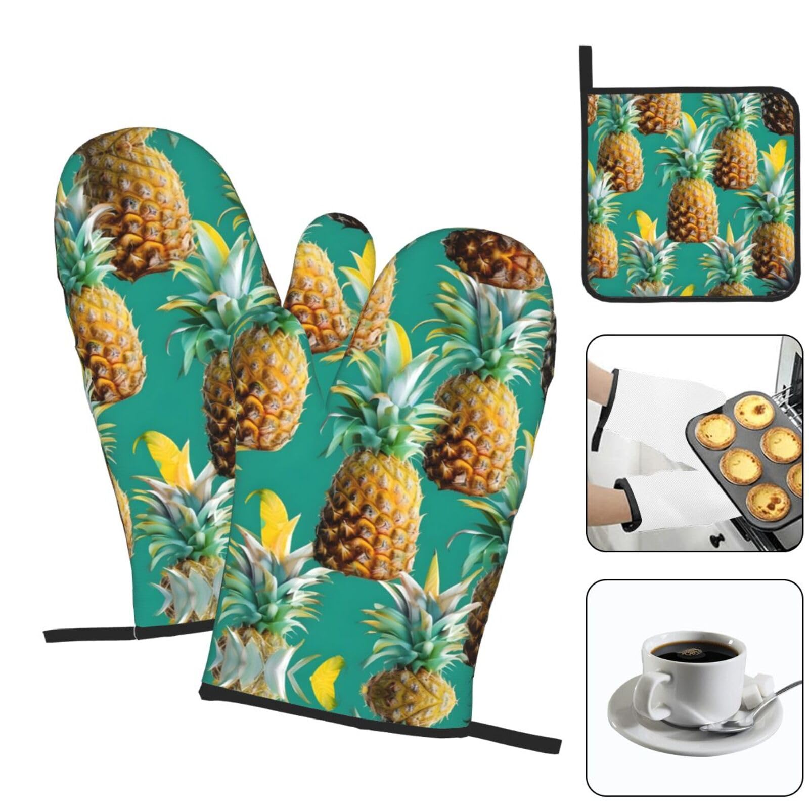 Gearsly Set di 4 guanti da forno e presine, motivo: farfalle, api, bacche tropicali, frutti tropicali, guanti da forno resistenti al calore, antiscivolo, impermeabili, per cucina, cottura al forno