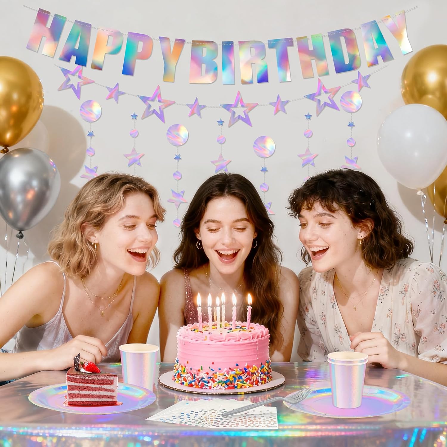 Iridescent Party decorations Kpop Birthday Decorations Holographic Party Supplies Iridescent Plates Cups Napkins Tablecloth Birthday Banner Star Garland Streamer Disco Kpop Party Serve 24 - Image 2