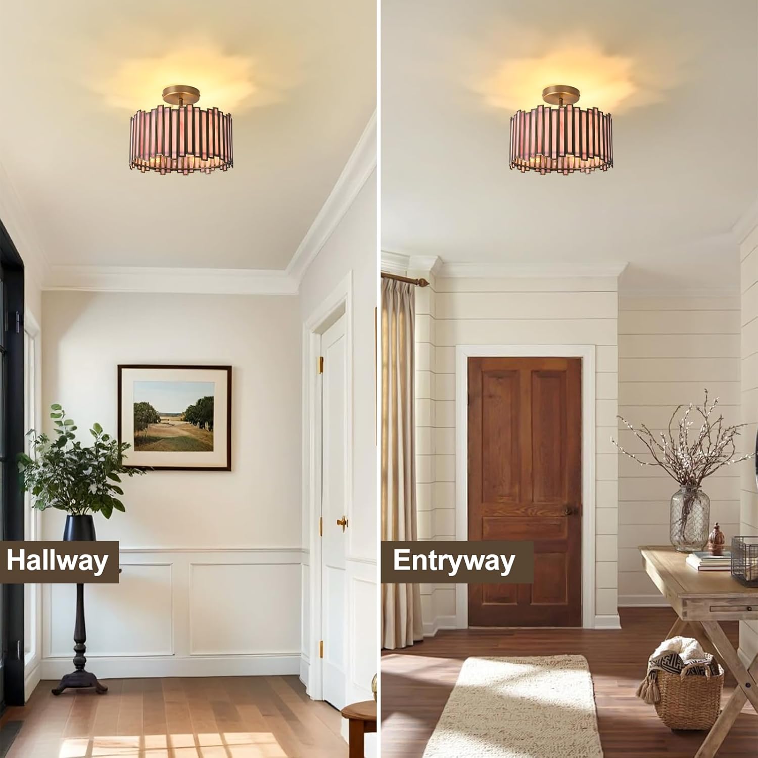 Brass Semi Flush Mount Ceiling Light, Antique 12.6in Drum Shape with Stained Glass 3-Light Vintage Ceiling Light Fixtures for Foyer Hallway Bedroom Kitchen (Pink & Bronze)