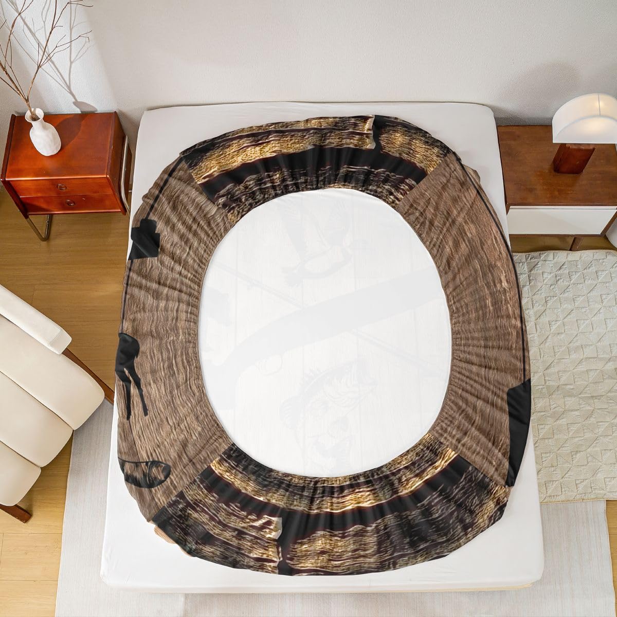 Homewish Wędka myśliwska zestaw pościeli podwójna ryba kaczka jeleń niedźwiedź rustykalne prześcieradła jezioro kabina zestaw prześcieradeł - Vintage Camo Country dopasowane górne prześcieradła 4