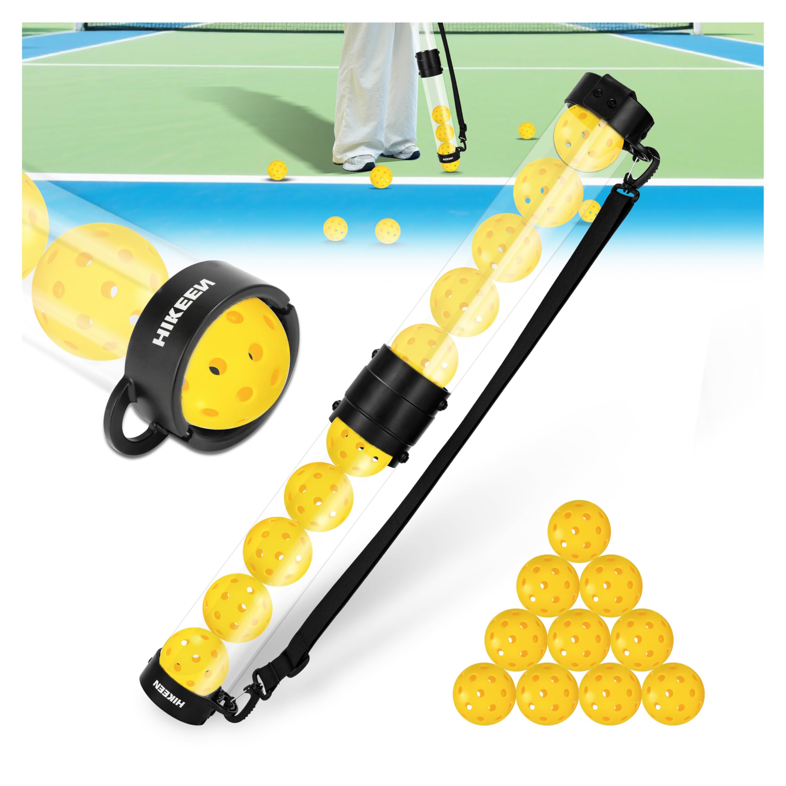 Hikeen Tubo Recuperador Pickleball con 5 Pickleballs, Pickleball Set Portátil con Correa Ajustable para Entrenamiento Pickleball, Accesorios Pickleball para Transportar y Almacenar