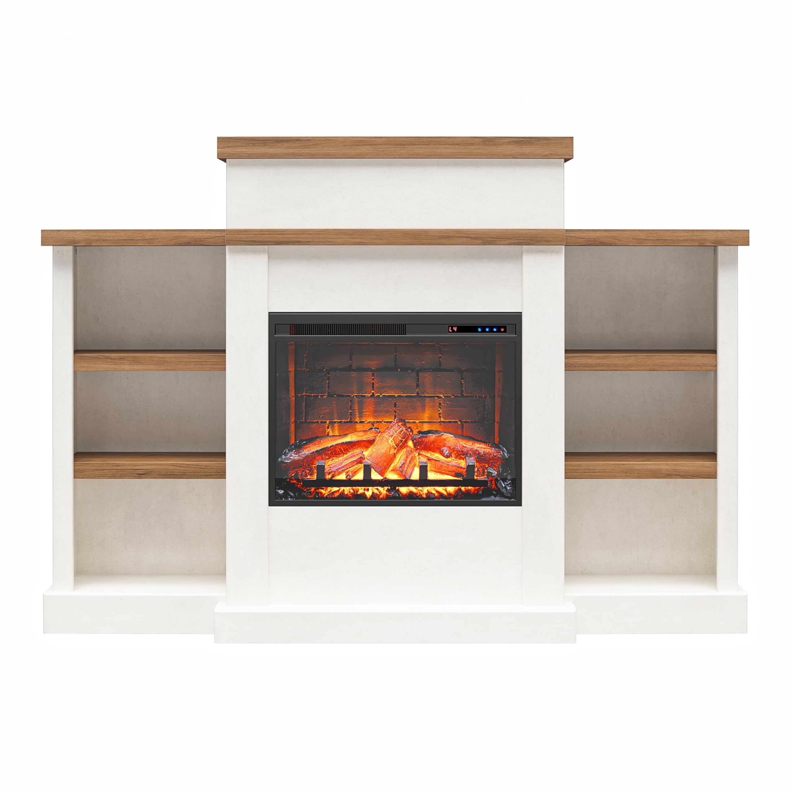 Ameriwood Home Gateswood 64 Inch Electric Fireplace with Mantel, Replaceable Fireplace Insert Heater, Shelves, Remote Control, Timer, Realistic Log and Flame Effect, Plaster