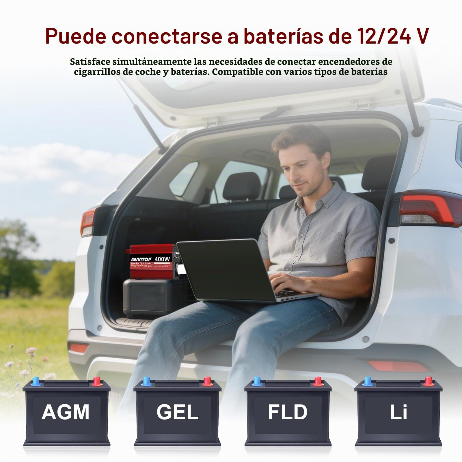 400w/800w Inversor 12V/24V a 220V/230V Onda Pura con USB-C y USB-A | Convertidor de voltaje 12V/24V CC a 230V CA, para Sistema Solar, Coche, Camping，caravanas