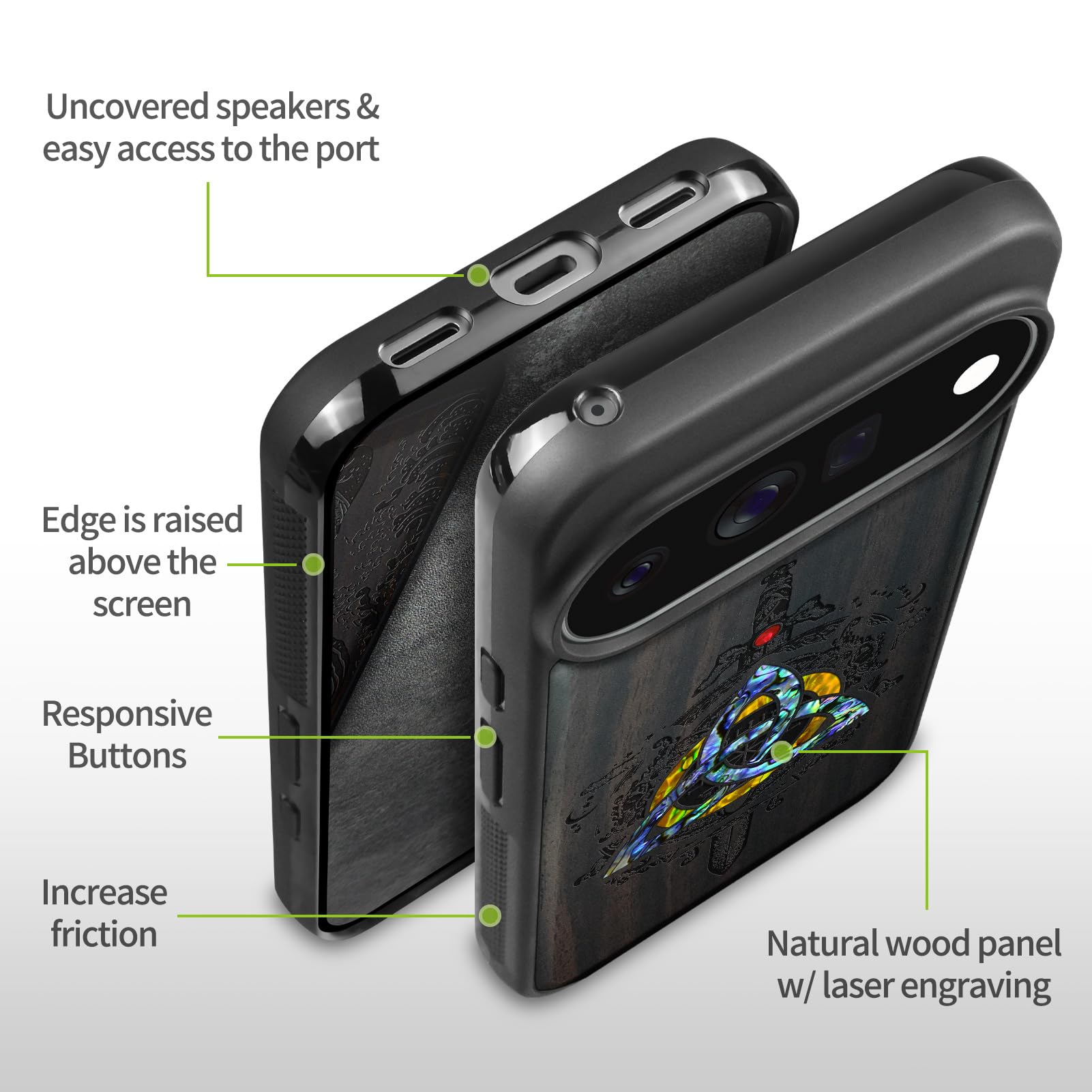 Carveit Madera Funda para Pixel 11 Pro XL (Oscura-Emblemas nórdicos) | Compatible con MagSafe [Grabado en madera e incrustación de mejillones] Magnética Cover para Google Pixel 11 Pro XL Carcasa
