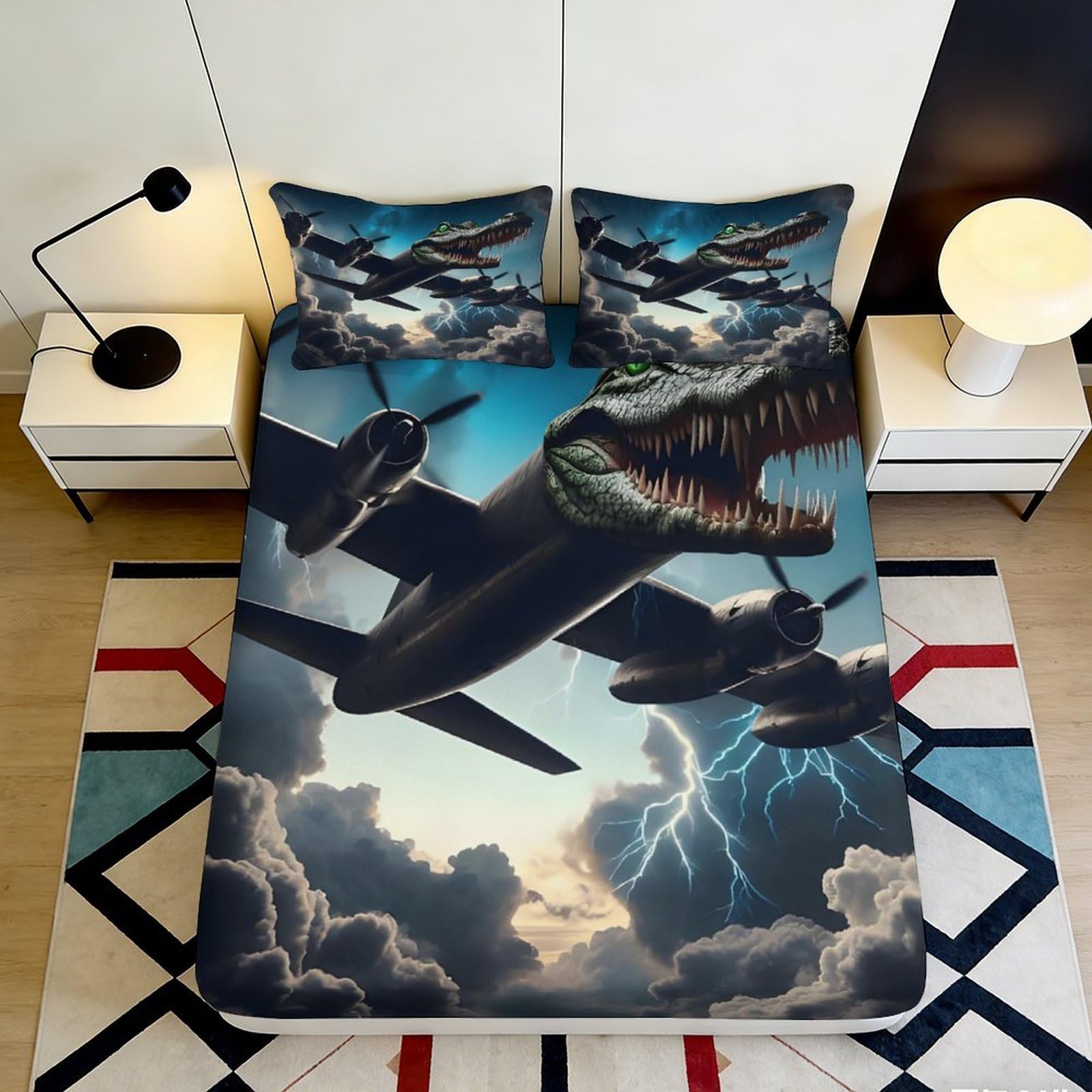 3D Printed Dinosaur Airplane Fitted Sheet Microfiber Anti-Slip Stormy Sky Mattress Cover for Bedroom Dorm, Easy Care 180x200x25cm