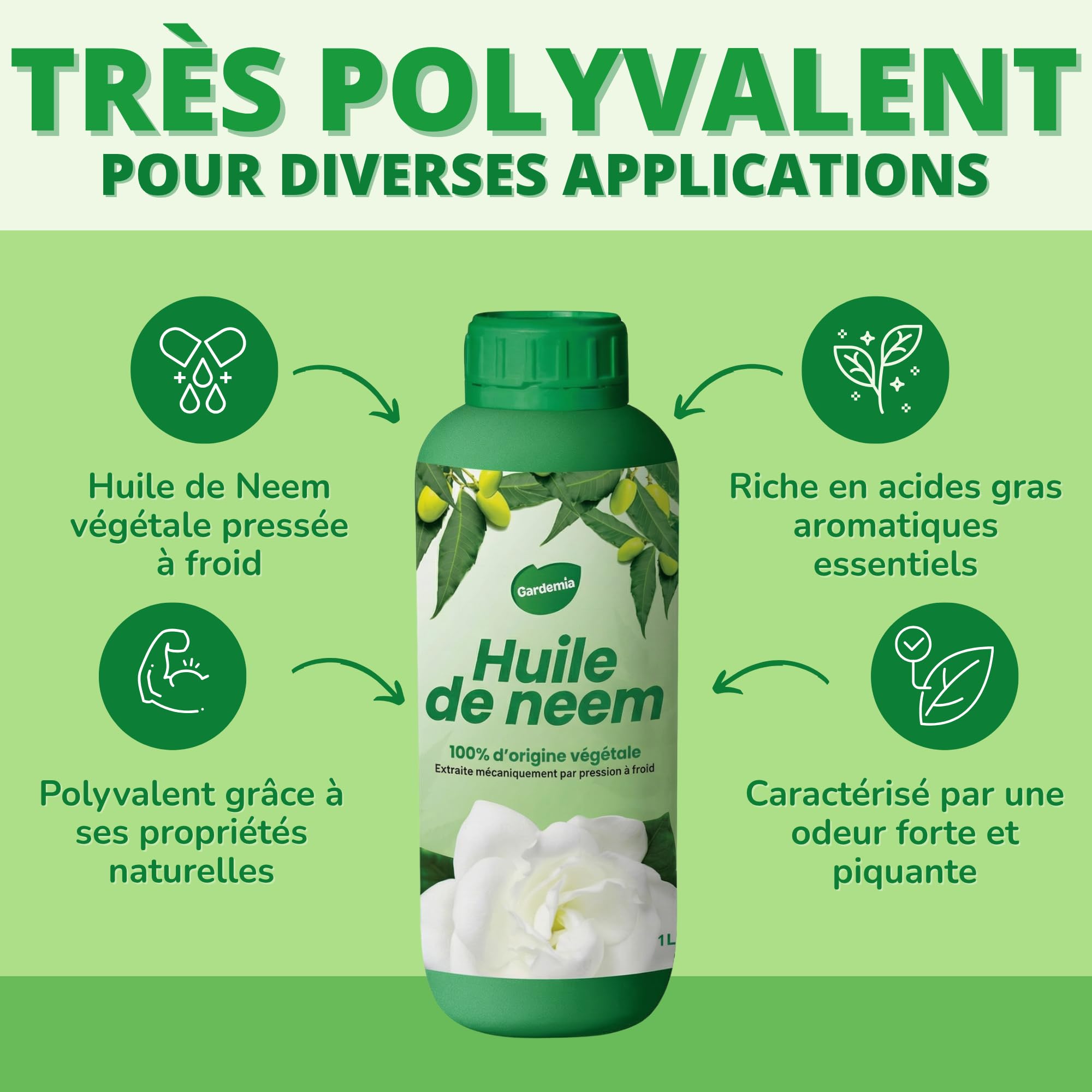Gardemia Huile de Neem avec Émulsifiant 1L miscible à l'eau 100% d'origine végétale extraite mécaniquement par pression à froid des fruits du Néemier