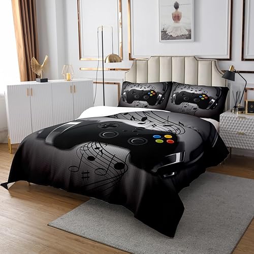 Miniatura 3 de Juego de ropa de cama de videojuegos con auriculares negros y grises con diseño de notas musicales con control de videojuegos para niños y niños,
