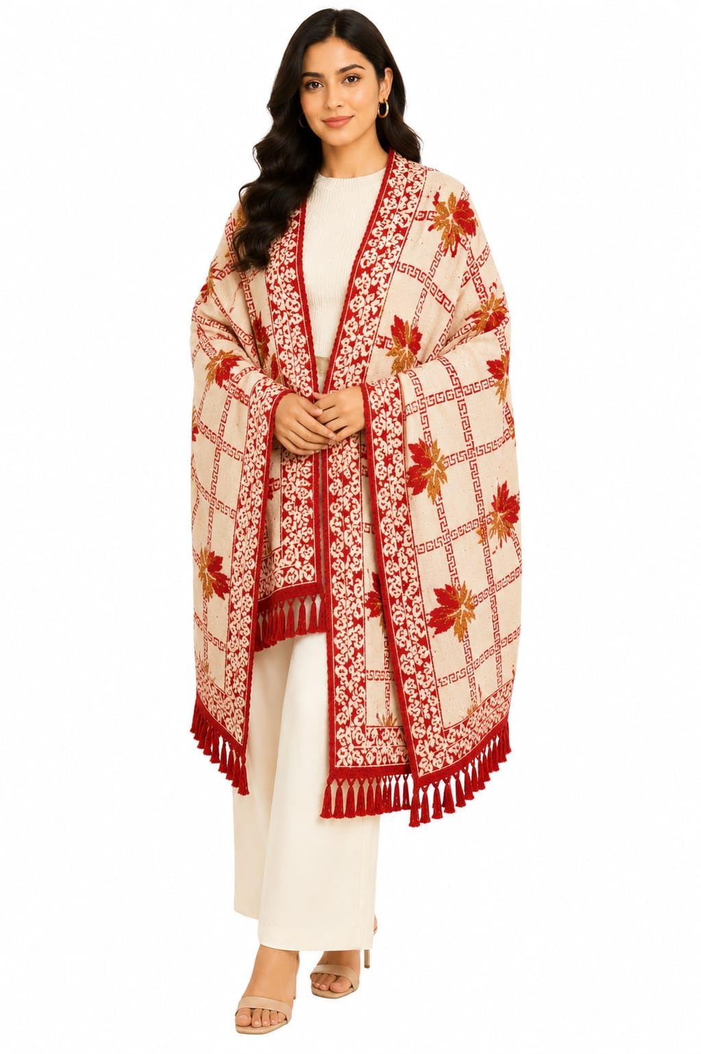 Women's Winter Wool Blend Embroidered Kashmiri Style Shawl | Soft Warm Designer Floral Woven Stole with Tassel Border | Free Size 33 x 82 Inches | Elegant Winter Wrap for Women & Girls-picture-20