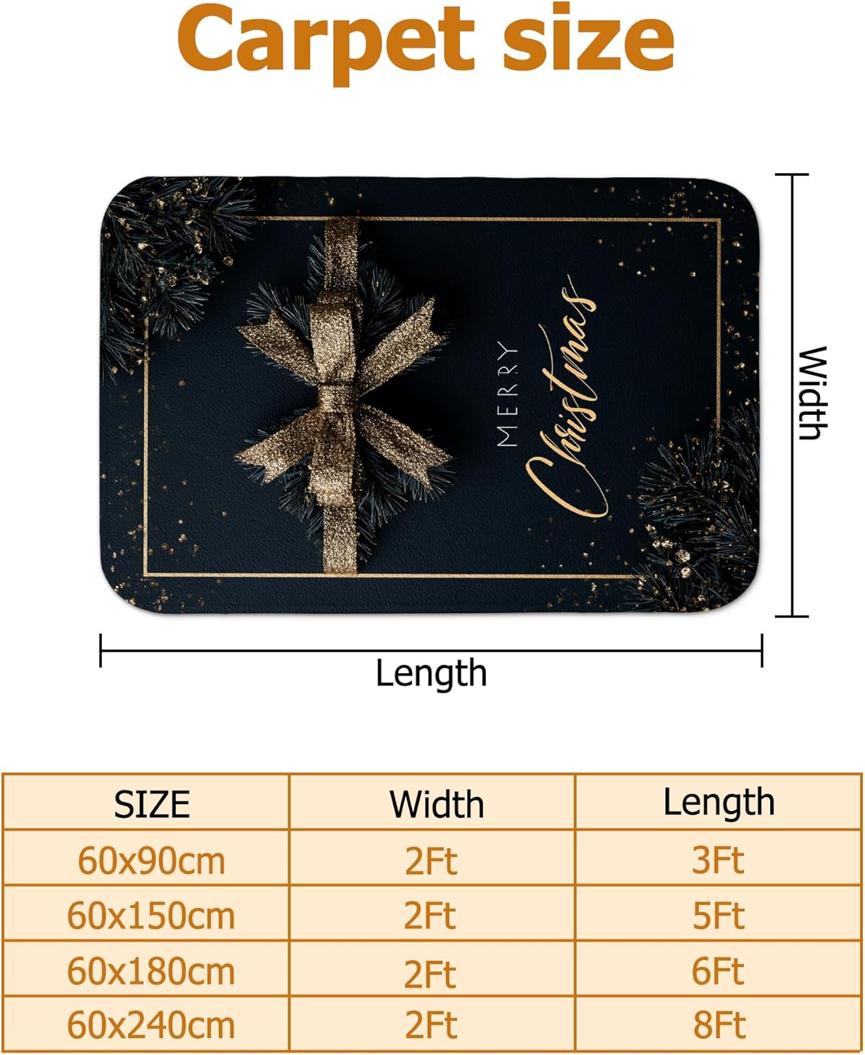 Bow Runner Rug, Christmas Elegant Xmas Gold Sparkles Black Non-Slip Aesthetic Rectangle Home Floor Carpet for Kitchen Bathroom Entryway Bedside Decor 2x8 Ft
