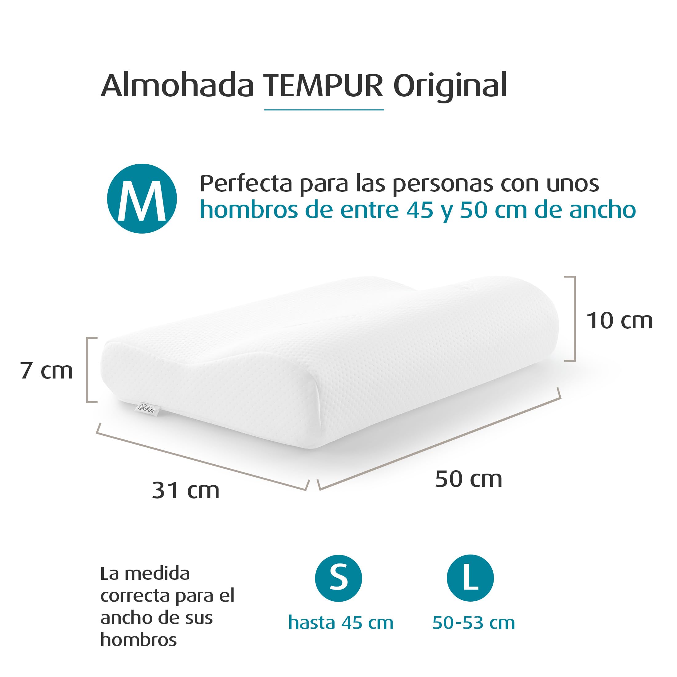 TEMPUR Almohada Original, Firme, Talla M, 50 x 31 x 10/7 cm, Blanca | Almohada cervical ergonómica TEMPUR de espuma viscoelástica para dormir boca arriba y de lado.