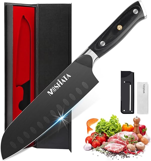 MOSFiATA 7" Santoku Knife Sharp Chef Knife, Titanium Plated Kitchen Cooking Chopping Knife, German High Carbon Stainless Steel EN.4116 with Knife Cover, Micarta Handle and Gift Box