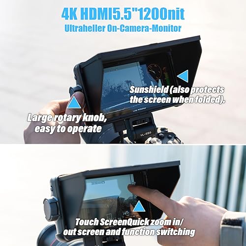 Miniatura 2 de VILTROX DC550 Kit de monitor HDMI Full HD de 5.5 pulgadas, monitor de campo de cámara de 1200 nits con capucha para sombrilla, batería, bolsa de