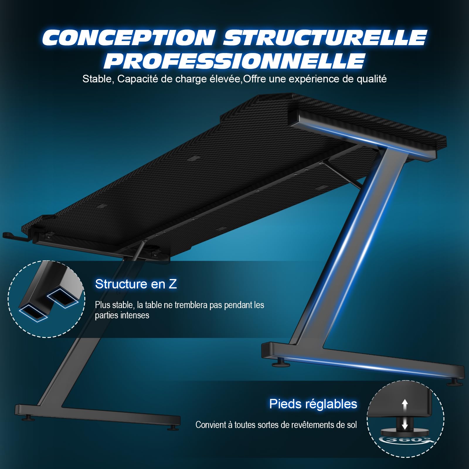 TRIUMPHKEY Bureau Gaming, 120x60CM Table de Jeu, Bureau Robuste pour Ordinateur Ergonomique,Surface en Fibre de Carbone,Crochet pour Casque et Gestion des câbles,Cadre en Forme Z Moderne, Carbon Noir