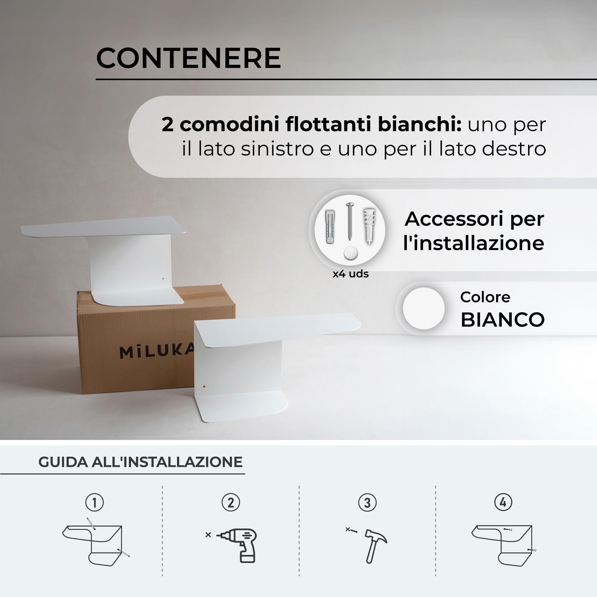 MILUKA Set 2 Comodini Camera da letto 40 x 20 cm | Comodino Sospeso con 2 Livelli | Comodino Bianco Ideali come Mensole da muro angolare e Consolle Ingresso (2, Bianco)