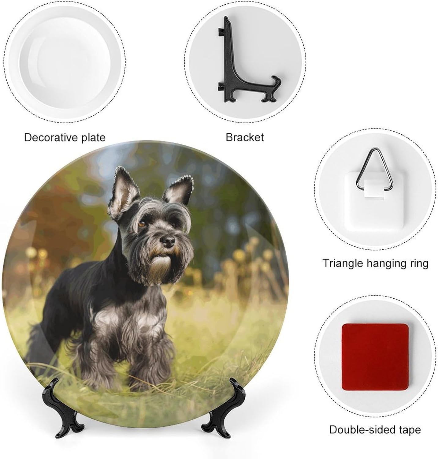 Schnauzer Dog on The Grass Bone China Decorative Plate with Display Stand, Ceramic Ornaments Plate for Wall Hanging, Personalized Porcelain Plates for Office, Living Room 10inch