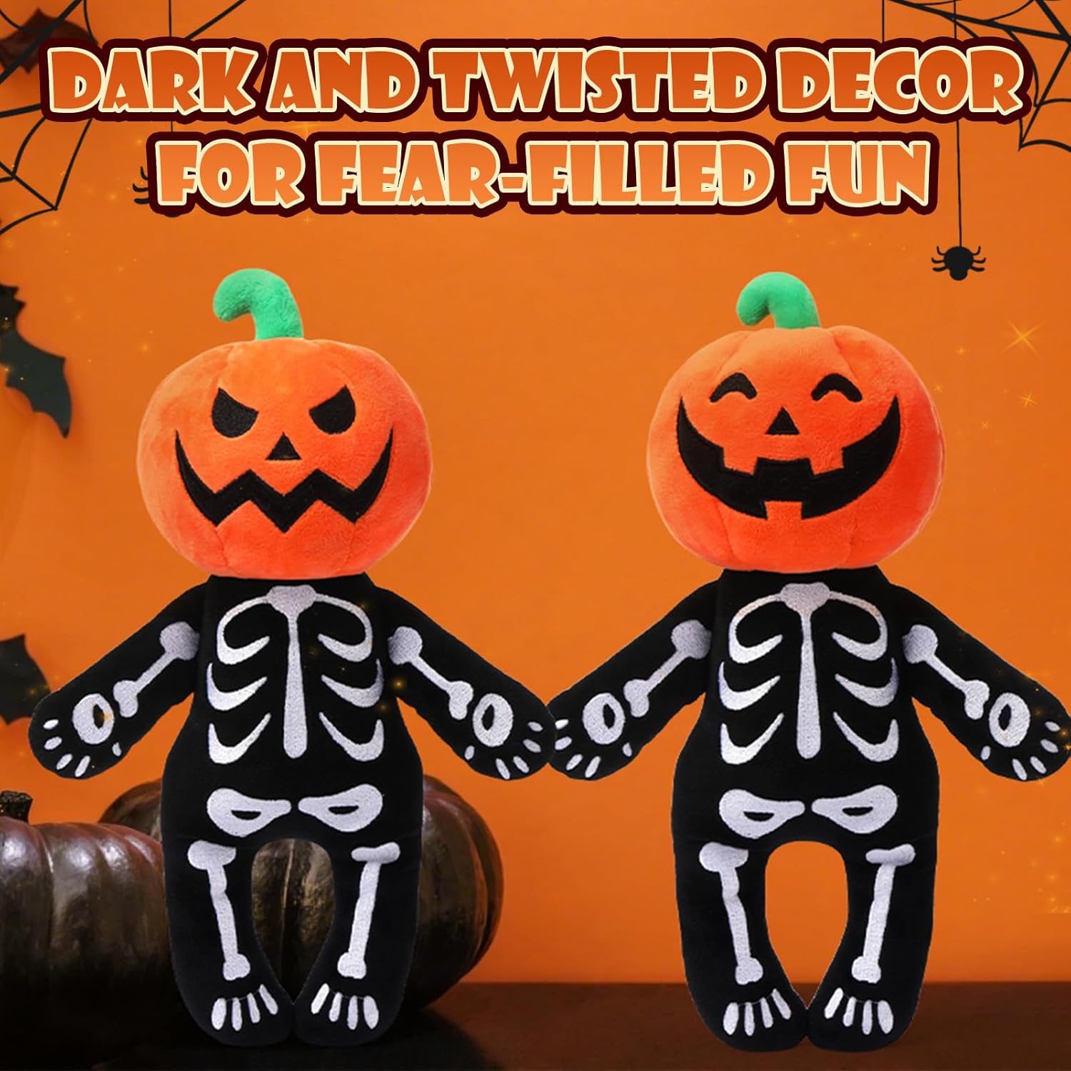 2 Pcs Halloween Pumpkin Skeleton Plush Pillow 12 Inch Spooky Pumpkin Head Skeletons Pillow Horror Soft Stuffed Animal Plushies Cushion Doll Toy for Halloween Party Gift Home Decoration - Image 6