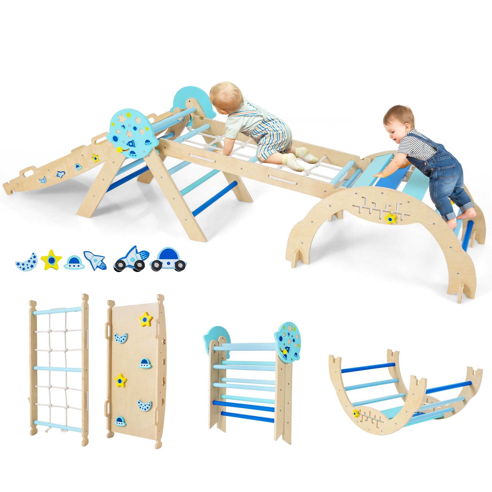 RELAX4LIFE Set da Arrampicata per Bambini, Triangolo di Arrampicata con Scivolo e Arco, Gioco di Incastri in Legno, Gioco Montessori per Bambini 1+ Anni (Astronauta-4 Pezzi | Blu)