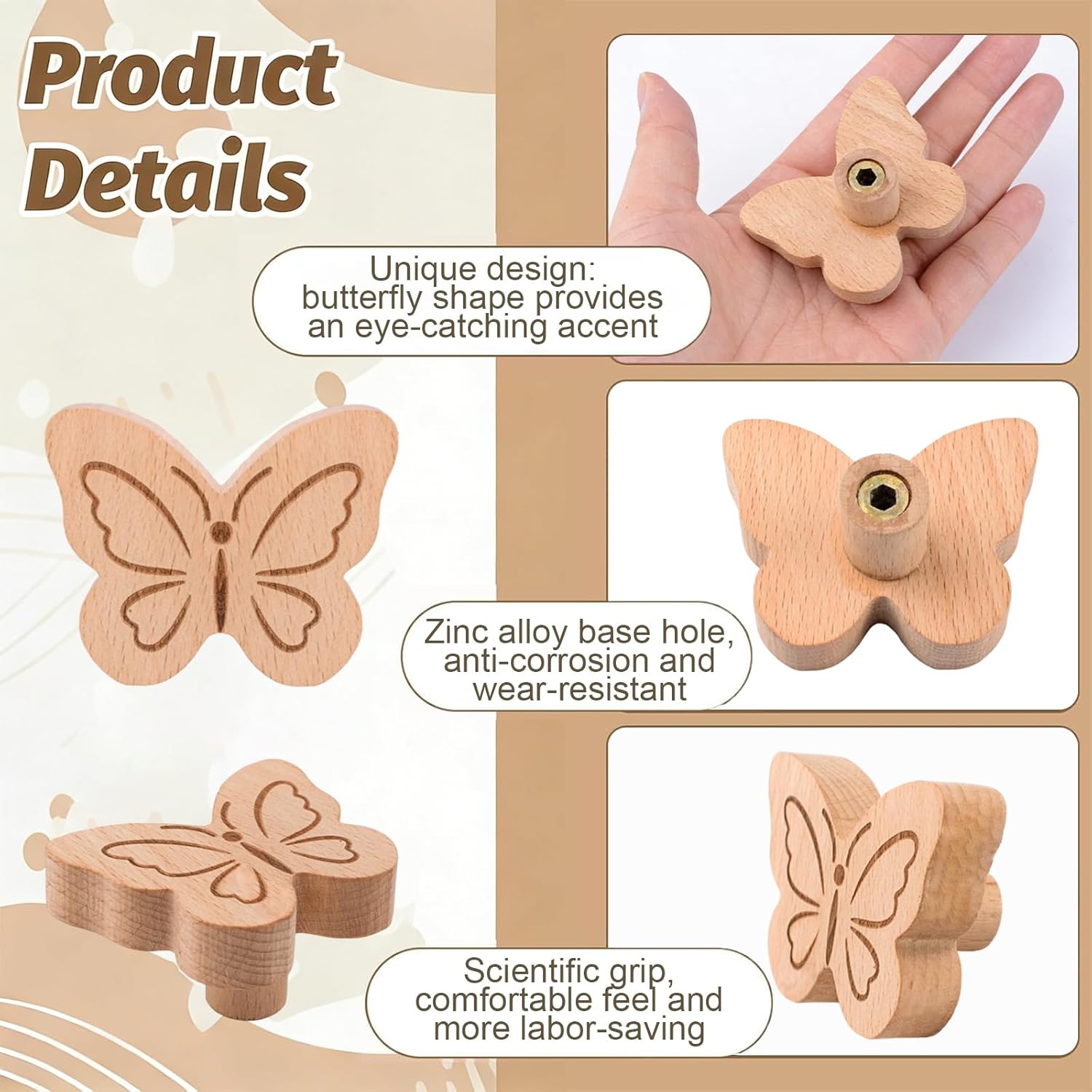 MOROBOR 6PCS Butterfly Shaped Wooden Knobs, Single Hole Beech Wood Handles Cute Cabinet Pulls for Chest of Drawers with Screws& Expansion Tube