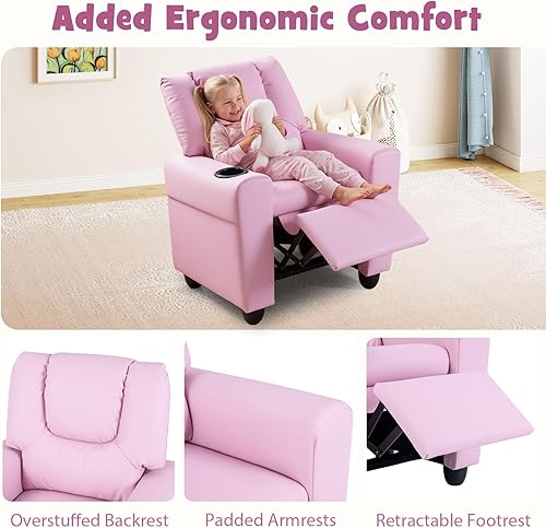 Miniatura 5 de LDAILY Silla reclinable para niños, de piel sintética, con soporte para tazas, reposapiés ajustable, sofá ergonómico para niños y niñas, sala de
