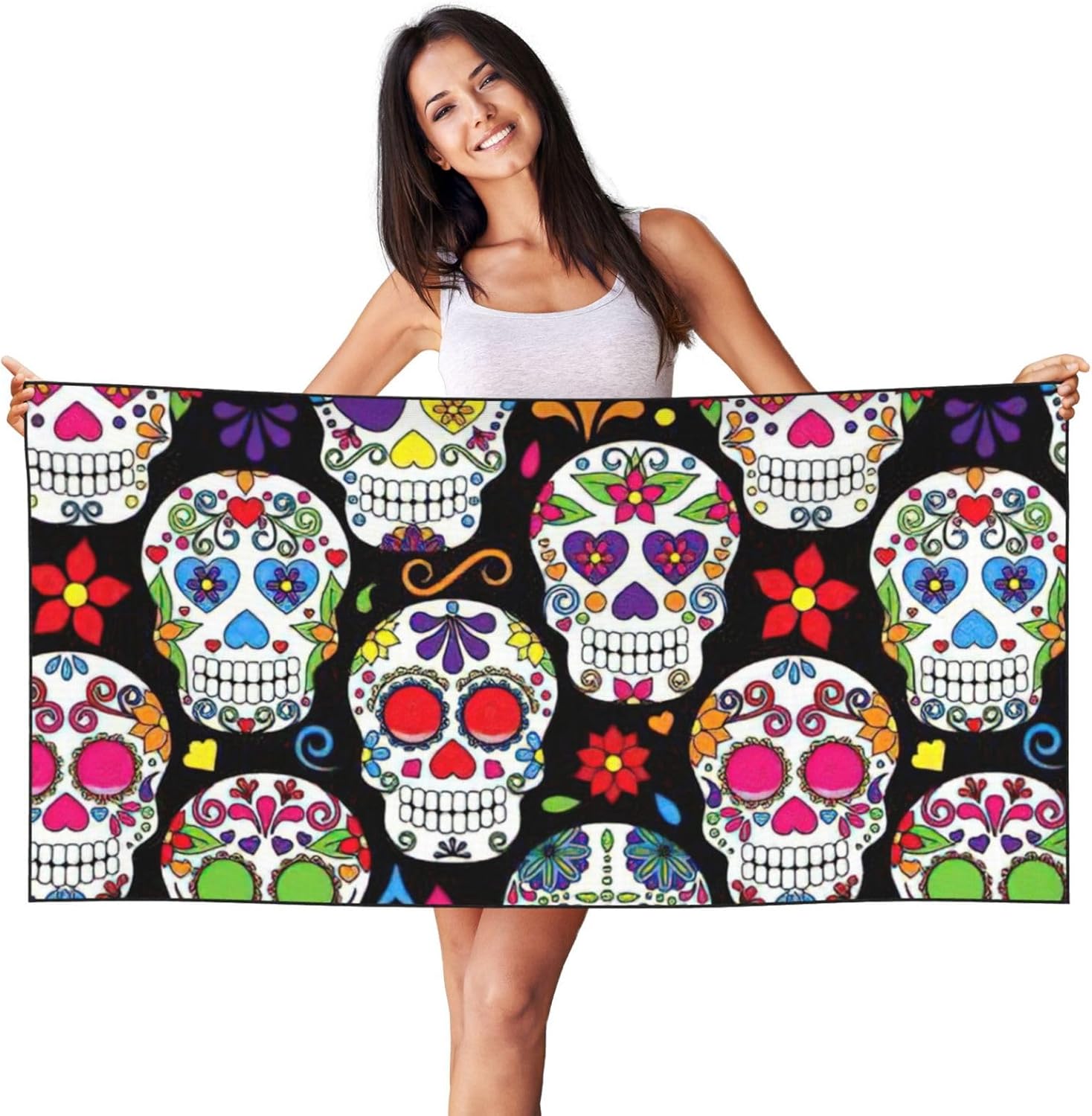 Peach Skin Velvet Quick Dry Lightweight Sugar Skulls Print Beach Towel for Beach,Bath,Pool,Gym,Yoga