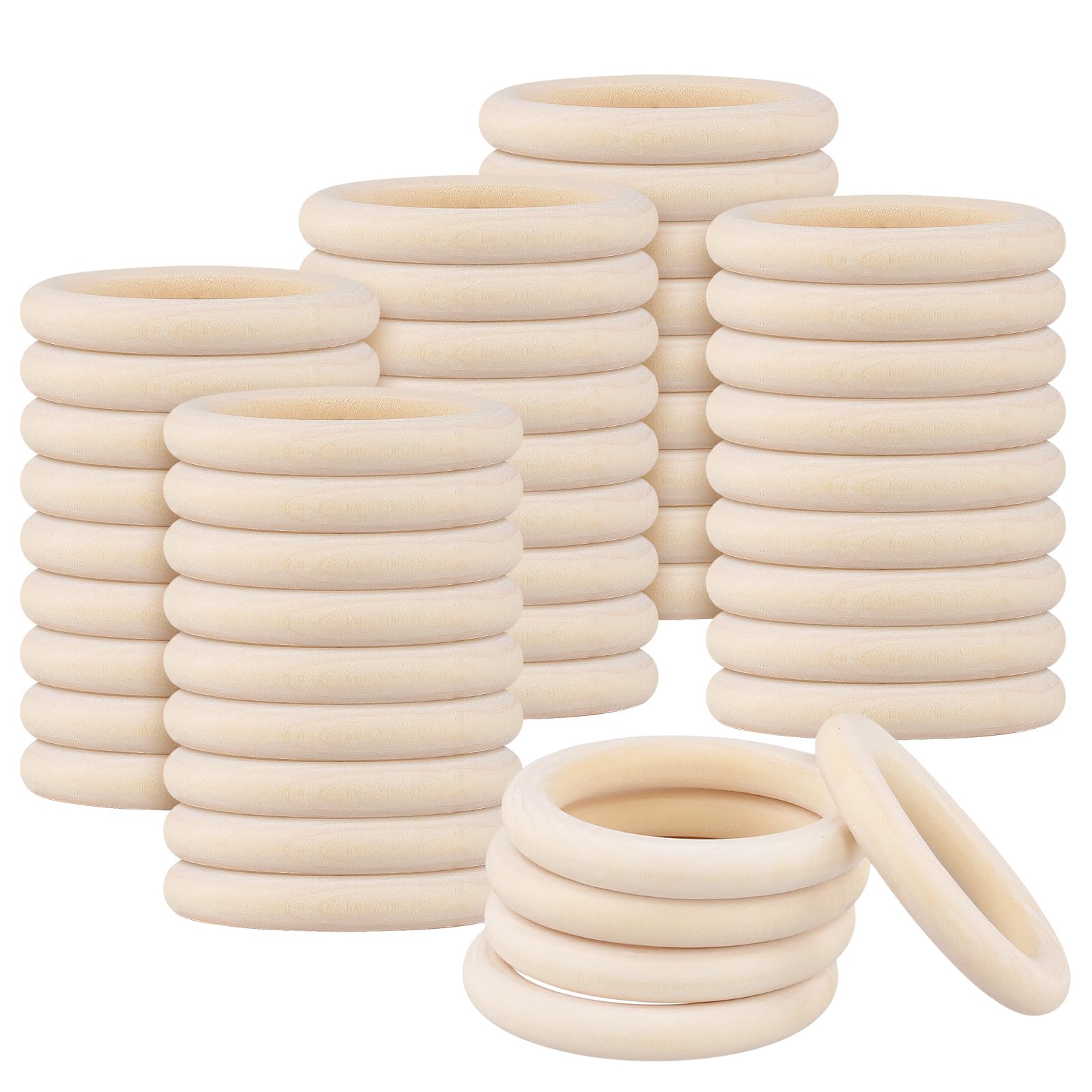 TAICHEUT 50 Pcs 70mm Wooden Rings, Unfinished Teething Solid Curtain Wood Hoops for Crafts, DIY Jewelry Making, Home Decor