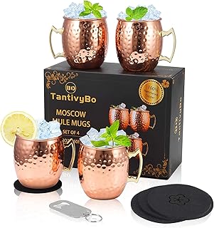 TantivyBo Moscow Mule Lot de 4 mugs en cuivre martelé avec doublure en acier inoxydable 100 % fait à la main Idéal pour tout cocktail
