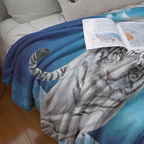 Miniatura 6 de Manta de forro polar de 50 x 40 pulgadas, suave, acogedora y cálida, manta de franela de felpa de tigre blanco siberiano bajo la noche estrellada