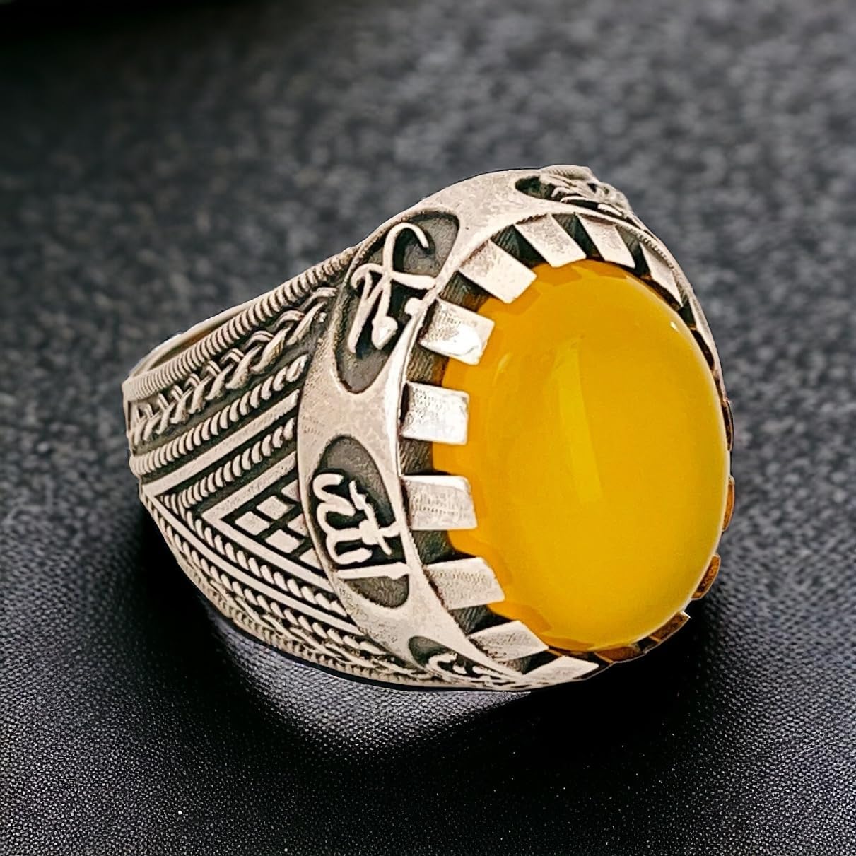 Shia Ring – 925 Sterling Silver Panjtan Ring with Yellow Yemeni Agate, Ahlulbayt Ali Hasan Hussein Hz Ali & Hz Muhammad Islamic Jewelry, Unisex,Islamic ring