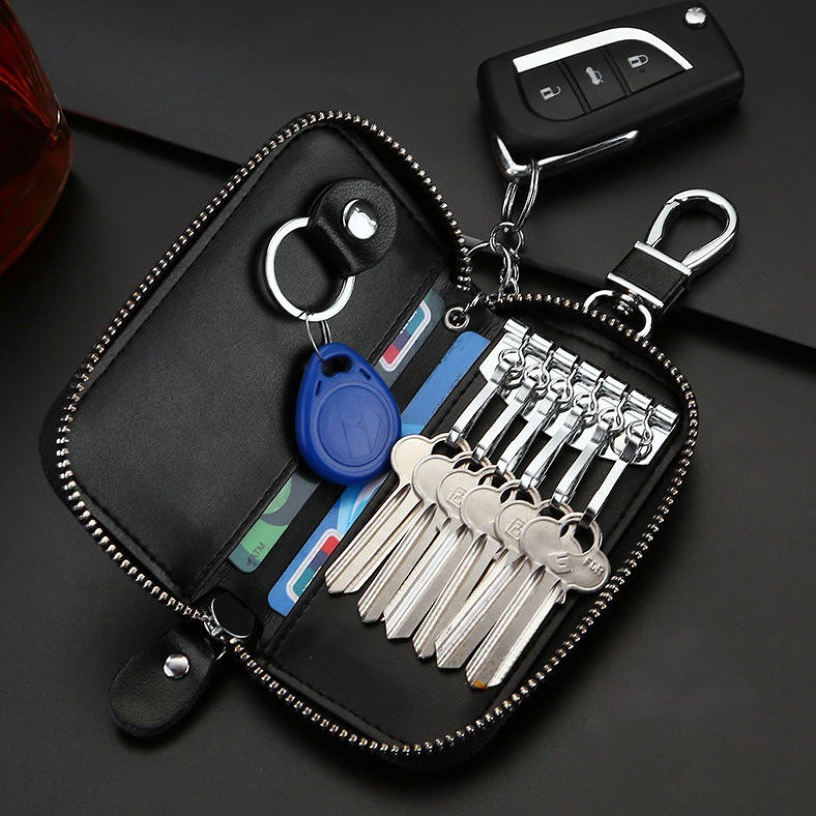 Etuis Porte-Clé Cuir, Pochette Porte Cles Cuir avec 6 crochet Clip,Pochette Porte Clef Cuir Porte-Clé Voiture Porte-monnaie Sac à poche Multifonctionnel