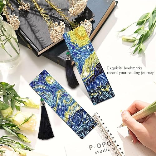 Miniatura 2 de 4 marcapáginas de arte de diamantes Van Gogh Starry Night, marcadores acrílicos para bricolaje con kits de borlas, regalo para lectores y amantes de