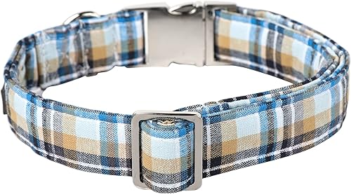 Miniatura 5 de Lionet Paws Collar de perro para niño, cómodo y ajustable, lindo collar de cuadros azules con hebilla de metal para regalo de perros machos, grande,