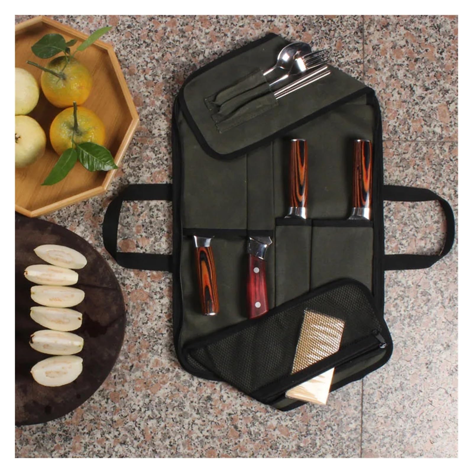 Besteckrolle Professionelle Messertasche mit 4 Fächern und Geschirrtasche, ideal for Picknicks, Koch- Küchenmesser, Aufbewahrung Tragetasche