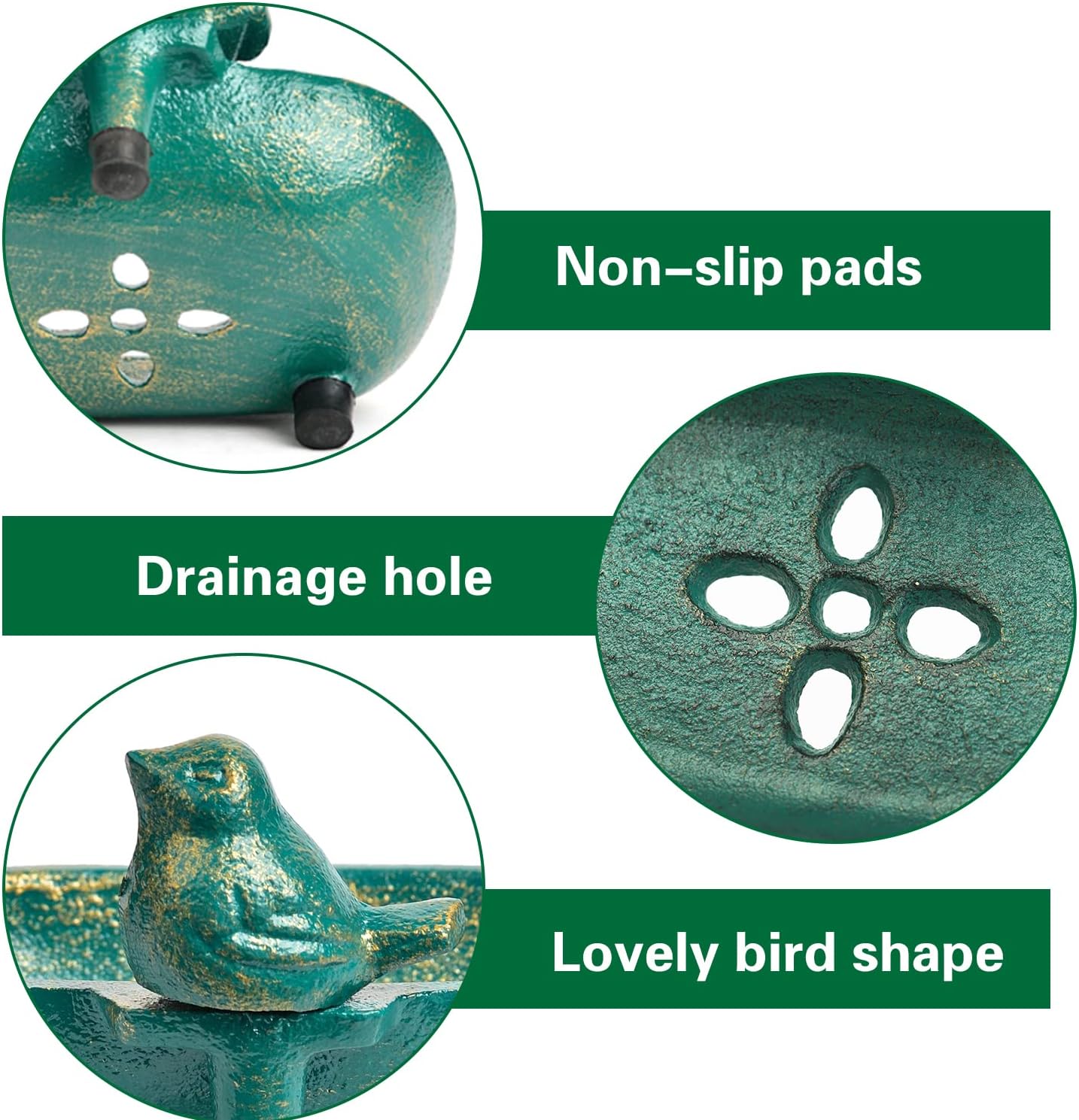 Sungmor Heavy Duty Cast Iron Hand Soap Holder - Lovely Bird Shaped & Antique Green Finish - Decorative Tabletop Soap Dish Tray for Kitchen Bathroom Sink - Practical Bath Soap Box Container