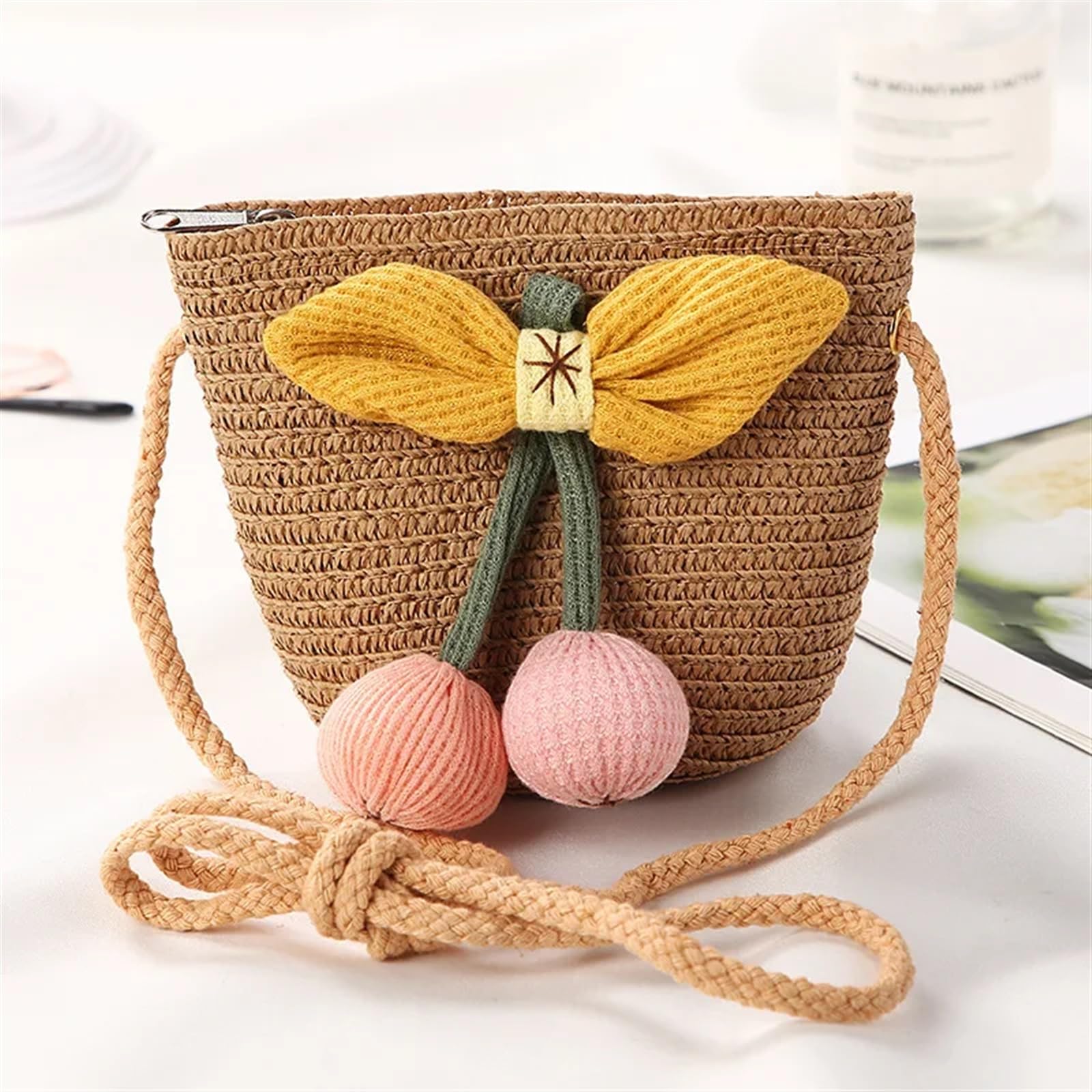 DVMSIEF Straw Bag Cute Children Straw Shoulder Bags Flower Baby Girls Small Bucket Crossbody Bag Boys Kids Mini Coin Purse Beach Handbags(Cherry brown)