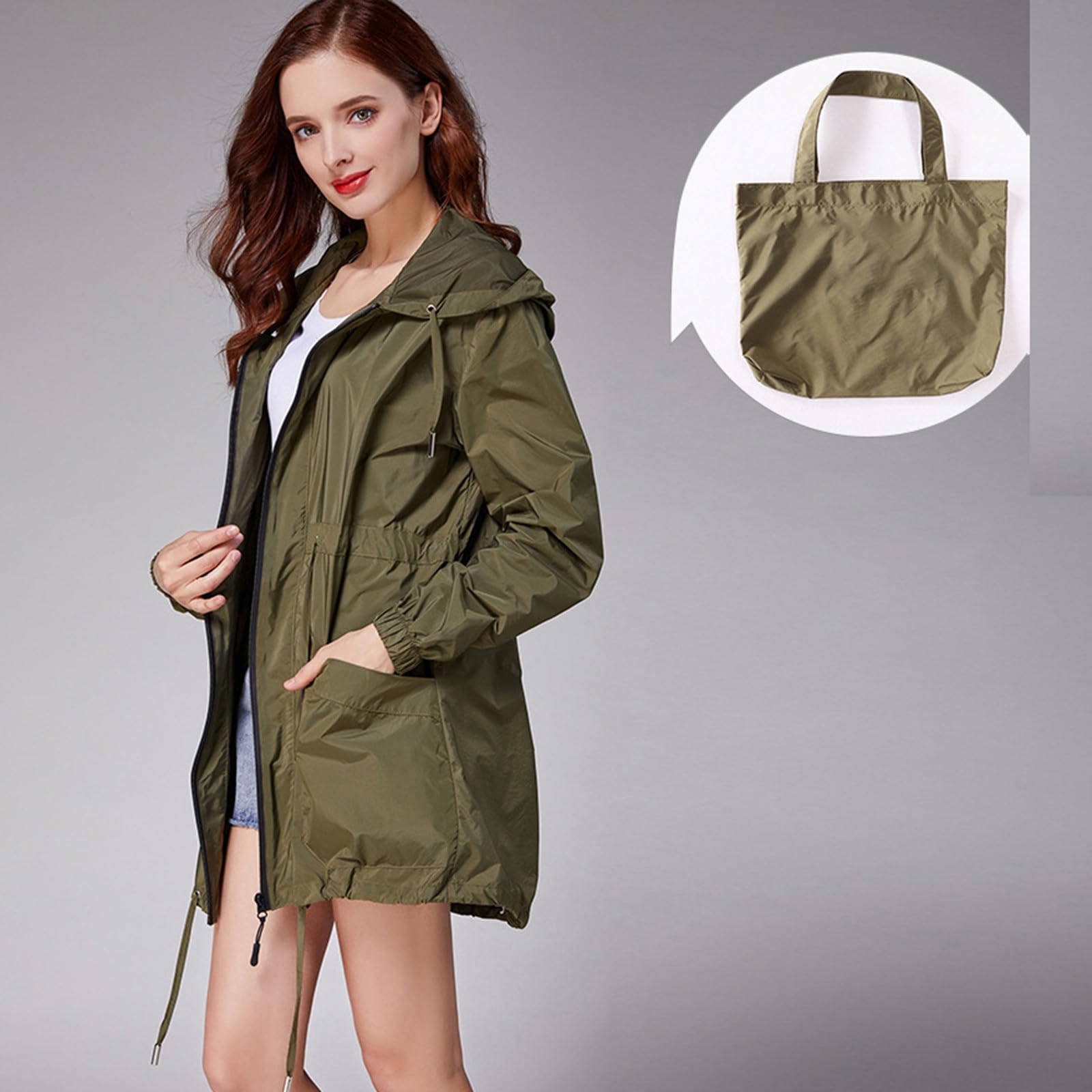 Generisch Chubasquero para mujer, cintura corta, ajuste estrecho, resistente al viento, con capucha, para adultos, estudiantes, paseos y desplazamientos (verde militar, talla única)