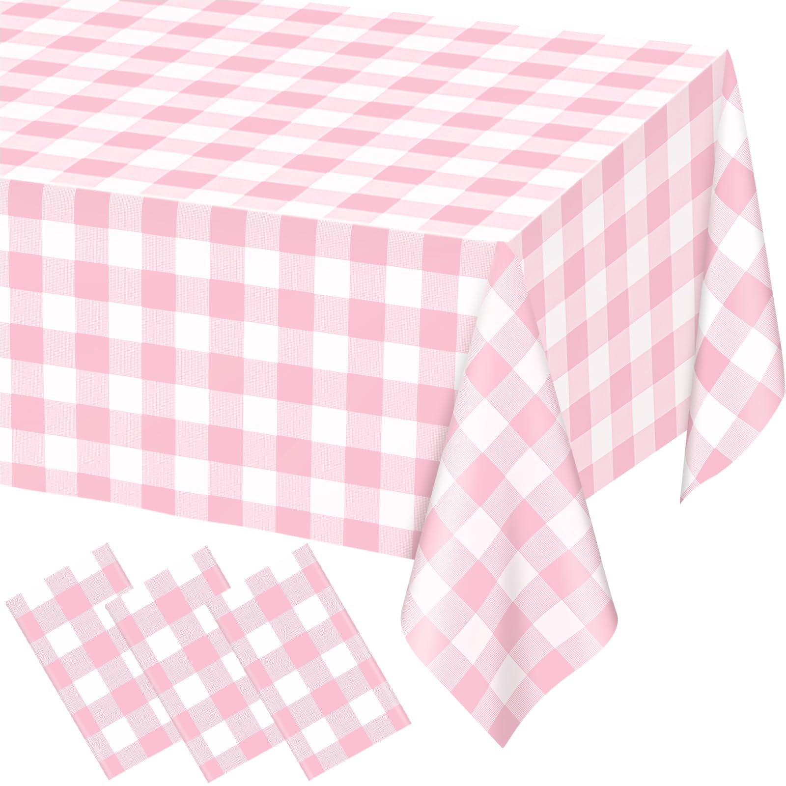 3 Pack Pink Gingham Tablecloth Rectangular Pink and White Checkered Tablecloths Disposable Plastic Plaid Table Cover for Parties, Outdoor Picnic, Birthday, Wedding, Camping 54 × 108 Inch
