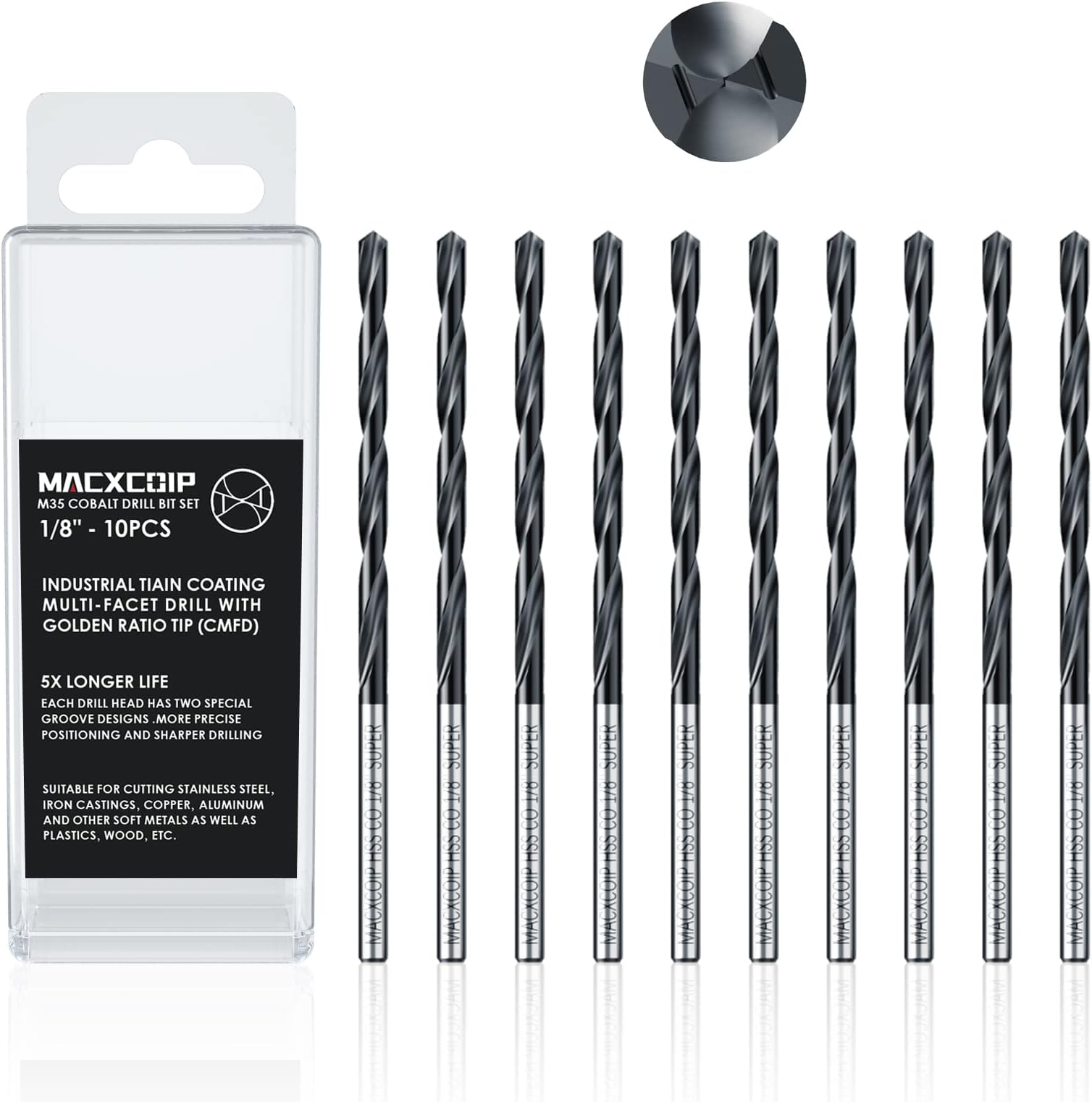 1/8" (10pcs) TiAIN Coating Cobalt Drill Bit Set, Multifacet Tip M35 High Speed Steel Bits for Hardened Metals, Stainless Steel, Cast Iron and Wooden Plastics, with Metal Index Storage Box
