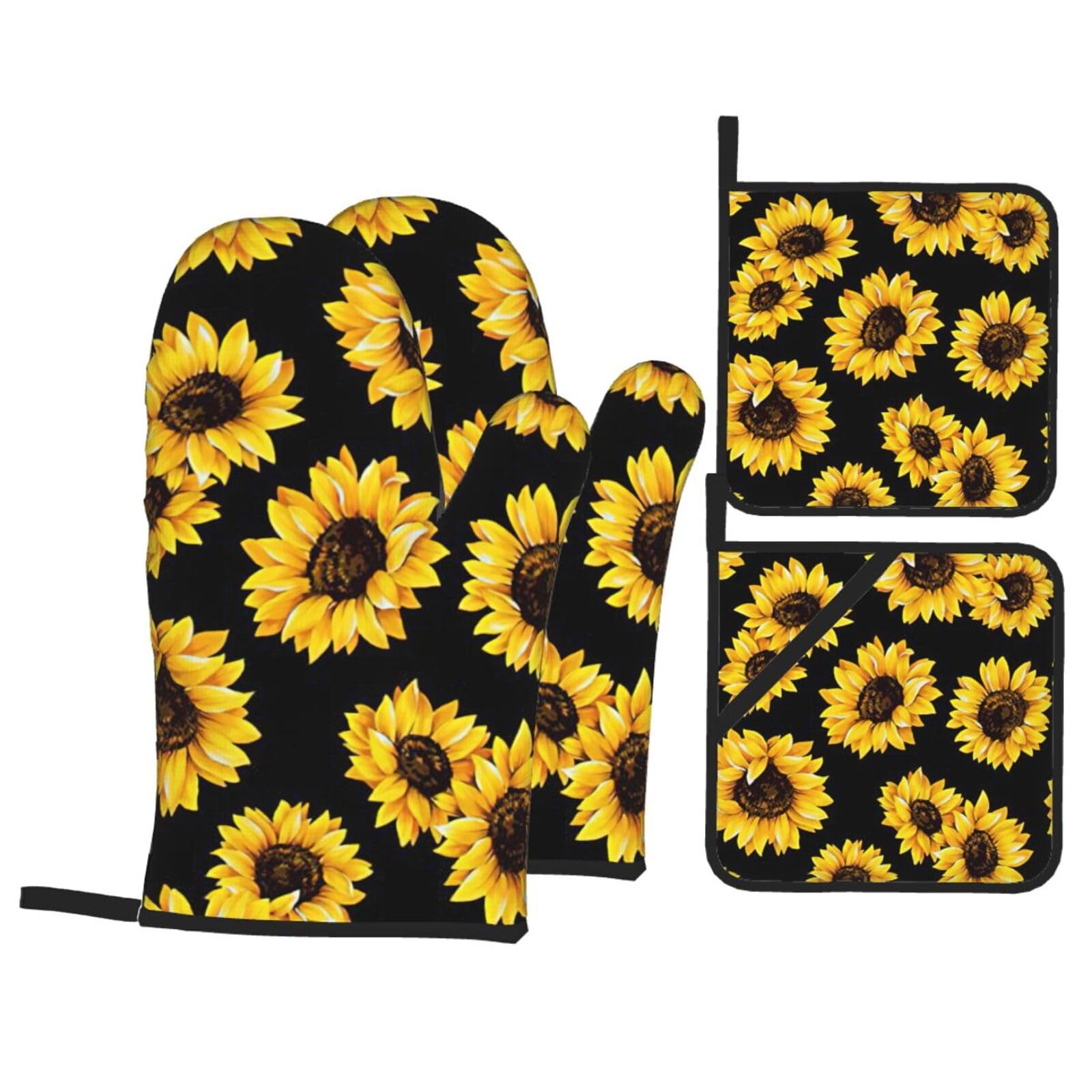 Sunflower.. Print 4-Piece Oven Microwaving Set Waterproof Kitchen Gloves for Baking Grilling Cooking